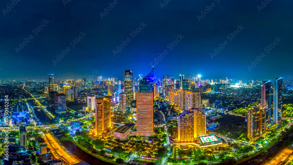 Panorama of Jakarta city and Traffic at night, Indonesia.