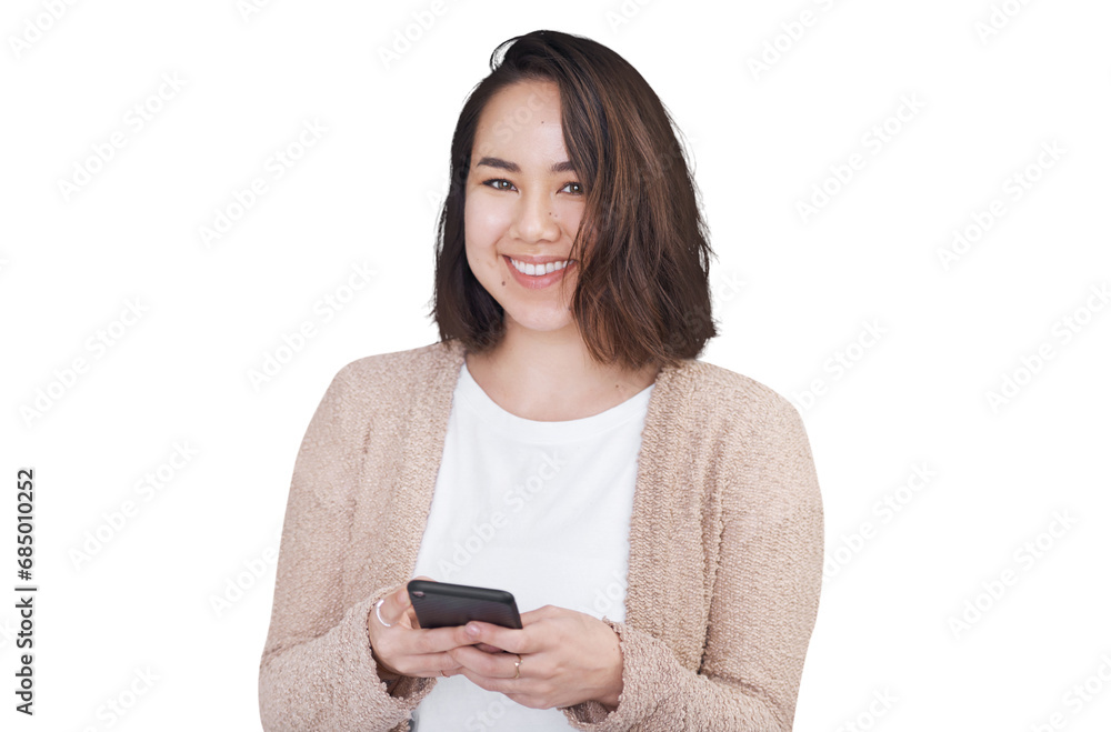 Portrait, smile and phone for social media with an asian woman isolated on a transparent background. Mobile app, communication and networking with a happy young person typing a text message on PNG Portrait, smile and phone for social media with an asian woman isolated on a transparent background. Mobile app, communication and networking with a happy young person typing a text message on PNG