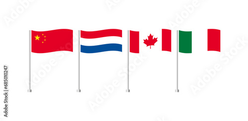National flags of countries. Flags of China, Netherlands, Canada, Italy icons. Colored national flags of countries on a flagpole. Vector icons