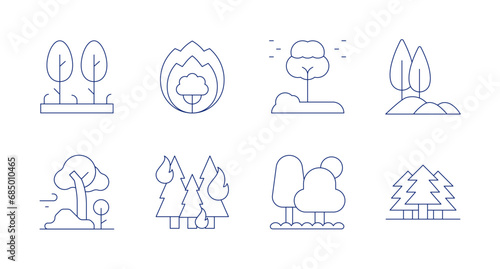 Forest icons. Editable stroke. Containing trees, wildfire, tree, burning, forest, hill, pines.