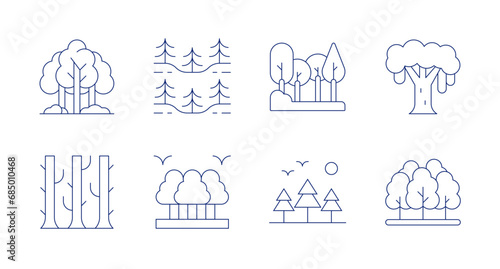 Forest icons. Editable stroke. Containing woodland, forest, tree.