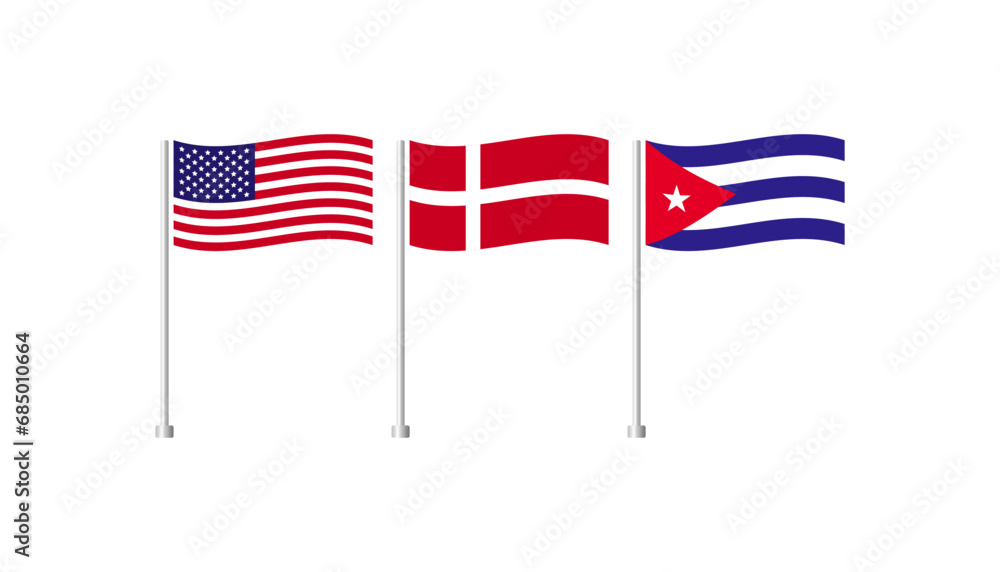 National flags of countries. Flags of America, Denmark, Cuba icons. Colored national flags of countries on a flagpole. Vector icons