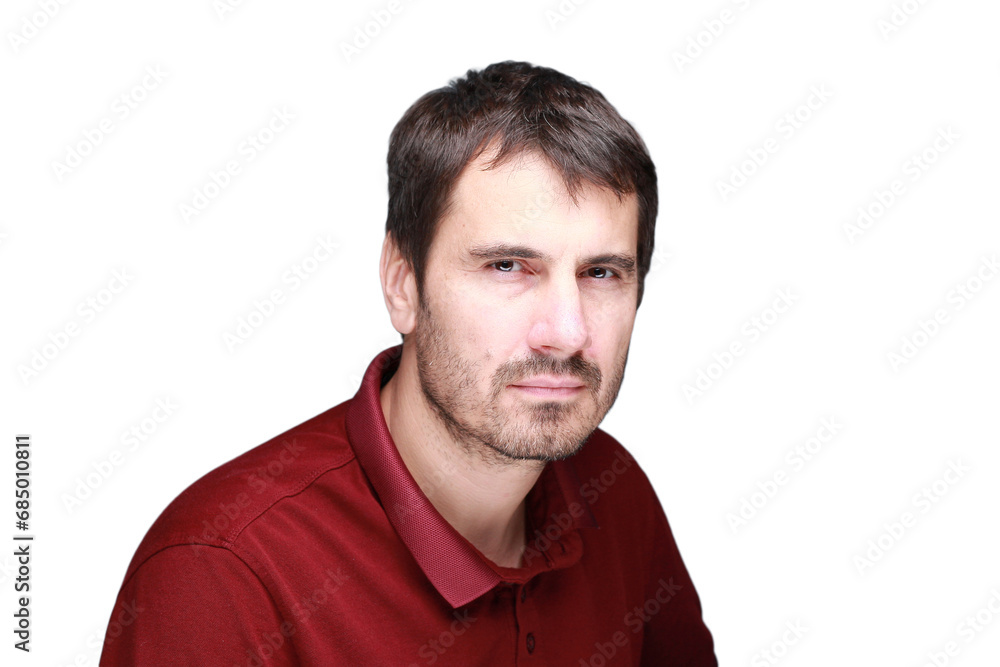 A picture of a man with a beard, mustache and fashionable hairstyle, dressed in a casual polo shirt, posing in a studio with a serious expression on a light background A picture of a man with a beard, mustache and fashionable hairstyle, dressed in a casual polo shirt, posing in a studio with a serious expression on a light background