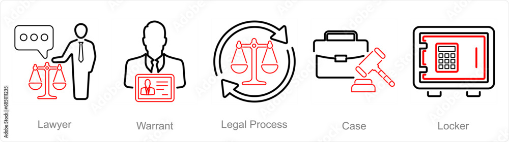 A set of 5 Justice icons as lawyer, warrant, legal process A set of 5 Justice icons as lawyer, warrant, legal process