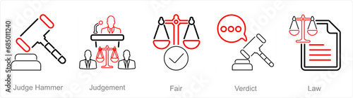 A set of 5 Justice icons as judge hammer, judgement, fair 