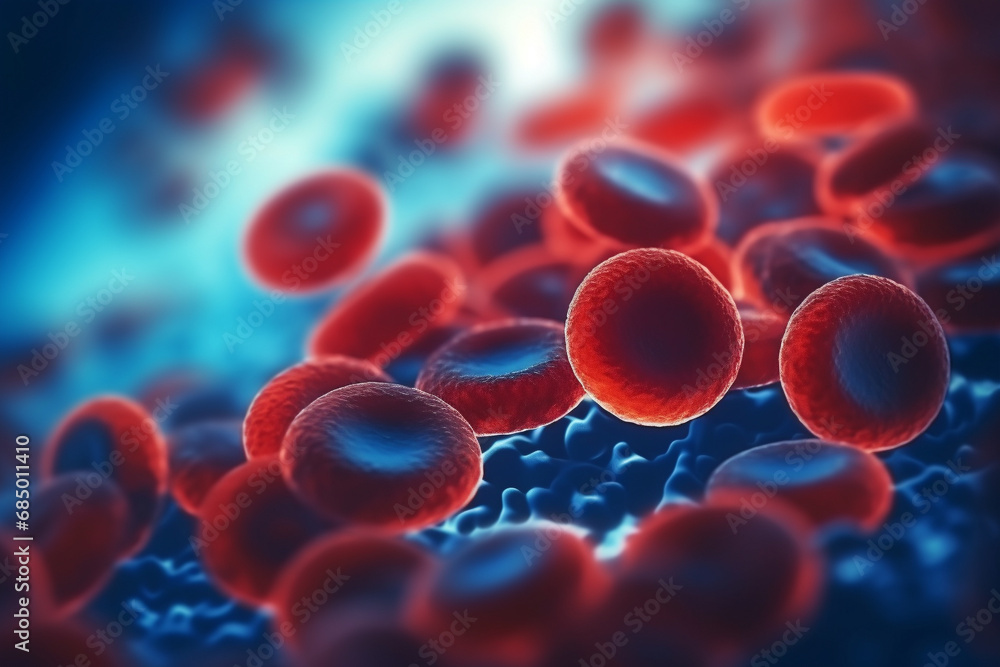 Close-Up of Red Blood Cells, a Mesmerizing Detail against a Blue Canvas, Illuminating the Essence of Life. Ai generated