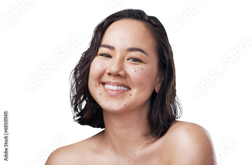 Woman, beauty and smile in portrait, cosmetics and confident or isolated on transparent png background. Asian female person, face and positive mindset for skincare, dermatology and self care or relax