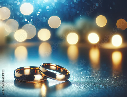 A pair of golden wedding rings placed on a reflective surface. The background is blurred.