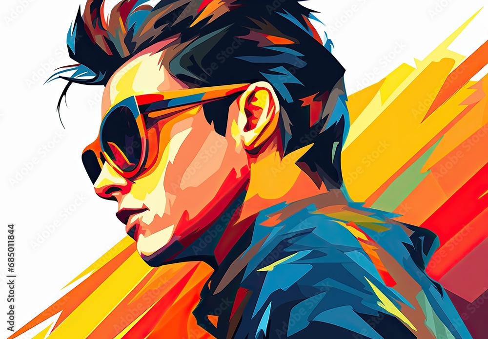 The head of a handsome man in a suit and sunglasses. Fashionable image of a male model with a stylish hairstyle in a watercolor style. Avatar for social networks. Illustration for cover, etc.