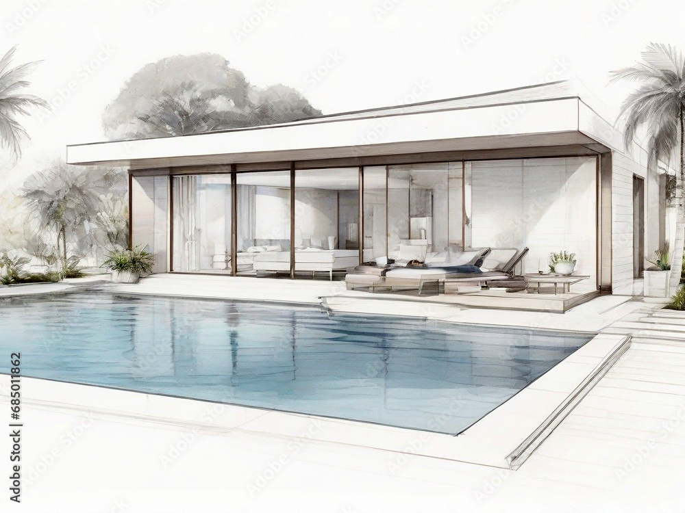 Villa Scetch Architectural sketch of a villa. Created using generative AI tools ...