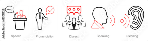 A set of 5 Language icons as speech, pronounciation, dialect photo