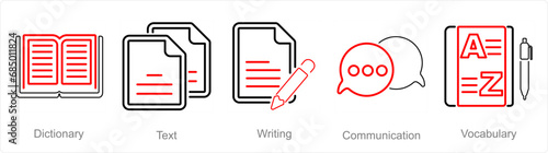 A set of 5 Language icons as dictionary, text, writing
