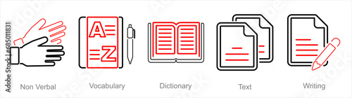 A set of 5 Language icons as non verbal, vocabulary, dictionary