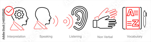 A set of 5 Language icons as interpretation, speaking, listening