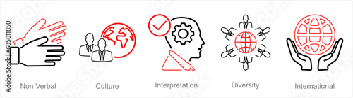 A set of 5 Language icons as non verbal, culture, interpretation
