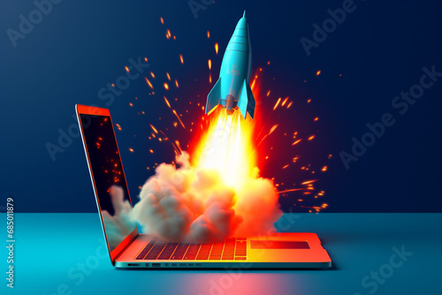 3D Rocket Soaring from a Laptop Keyboard, Symbolizing Virtual Innovation and Cybernetic Exploration in a Blue Realm. Ai generated