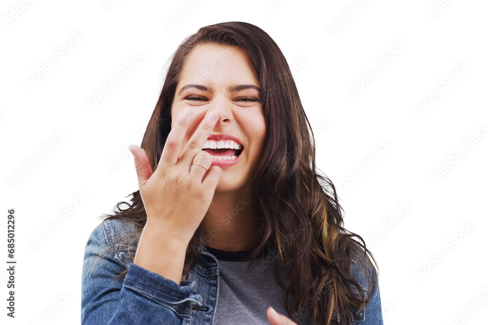 Isolated woman, funny face and touch nose with laughing, joke and portrait by transparent png background. Girl, student person or model for finger, excited smile or happy with comic facial expression Isolated woman, funny face and touch nose with laughing, joke and portrait by transparent png background. Girl, student person or model for finger, excited smile or happy with comic facial expression