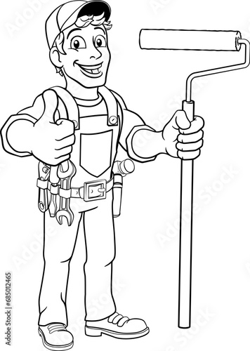 A painter decorator handyman cartoon construction man mascot character holding a paint roller tool