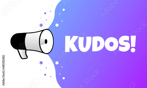 Kudos sign. Flat, purple, text from loudspeaker, kudos icon. Vector icon