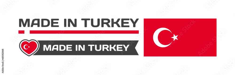 Made in Turkey icons. National flag of Turkey in the shape of a square, heart. Made in Turkey national flag. Vector icons Made in Turkey icons. National flag of Turkey in the shape of a square, heart. Made in Turkey national flag. Vector icons