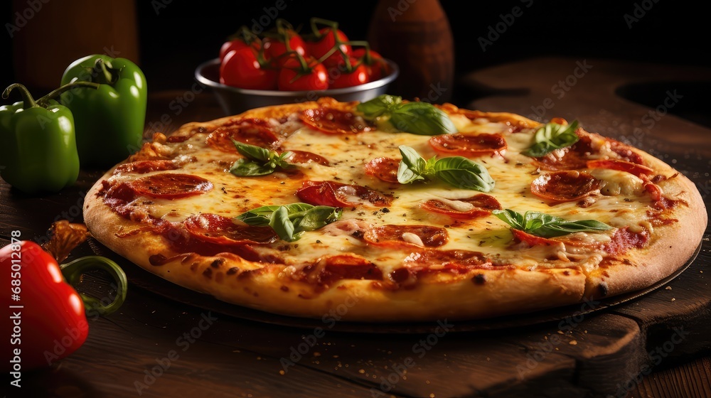 background baked pizza food mouthwatering illustration delicious cheesy, crispy toppings, dough oven background baked pizza food mouthwatering