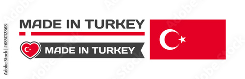 Made in Turkey icons. National flag of Turkey in the shape of a square, heart. Made in Turkey national flag. Vector icons