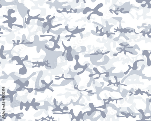 Repeat Gray Texture. Hunter Abstract Camoflage. Dirty Camo Print. Army White Canvas. Woodland Camo Paint. Military Vector Background. Snow Fabric Pattern. Winter Camouflage. Gray Seamless Brush.