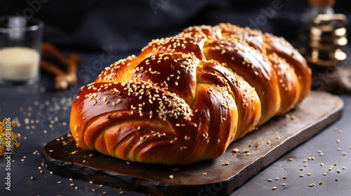 Homemade challah bread with sesame seeds on a grey table photo