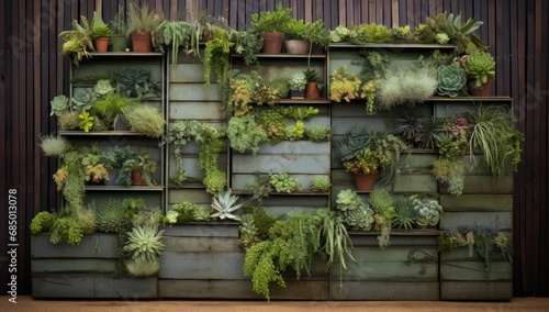 Wall with many Pots with Plants.