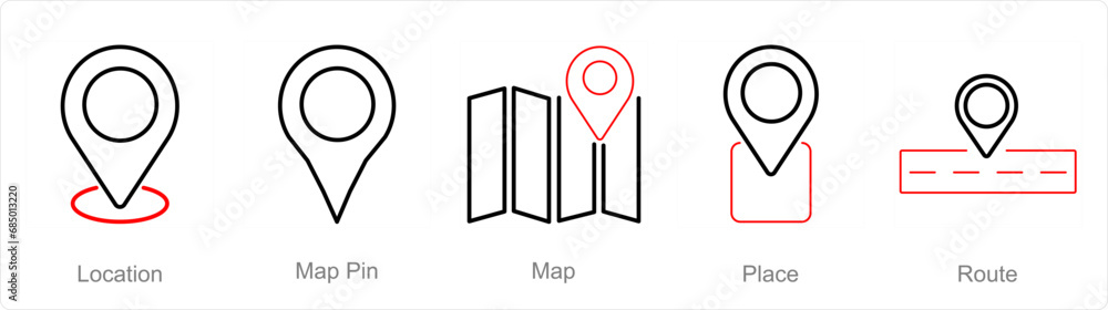 A set of 5 Location icons as location, map pin, map A set of 5 Location icons as location, map pin, map