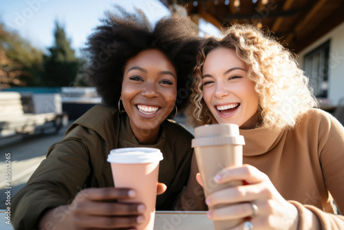 two female friends drinking coffee and taking selfies at a picnic table