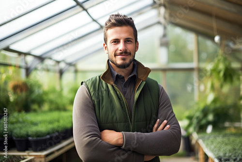 Portrait male gardener in greenhouse photo