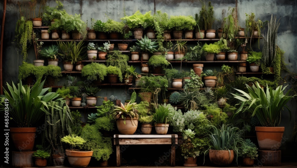 Wall with many Pots with Plants.