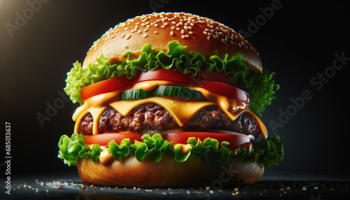 food photography image of a burger, presented in a professional and appetizing manner against a black background.