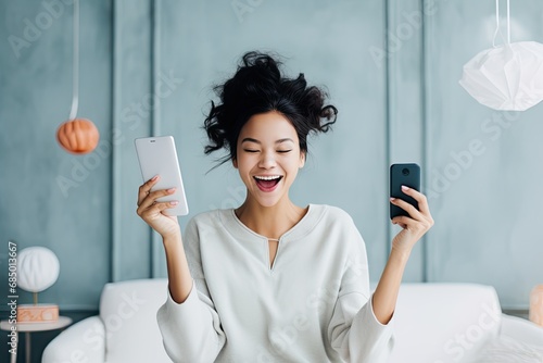 Happy young Asian woman at home, using her smartphone for online communication, expressing joy and beauty.