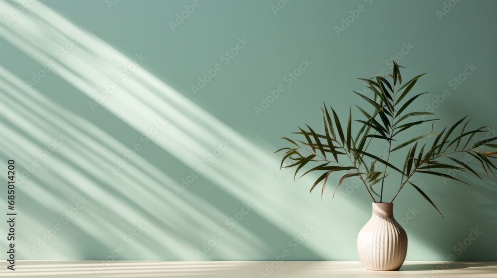 Minimalist abstract gentle light mint green background for product presentation with light and intricate shadows from the window and vegetation on the wall. Minimalist abstract gentle light mint green background for product presentation with light and intricate shadows from the window and vegetation on the wall.