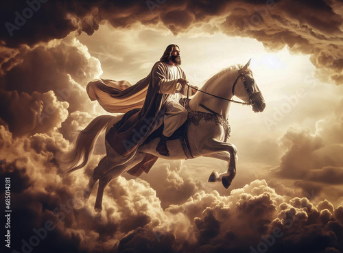 Jesus Christ riding a white horse on the clouds of Heaven