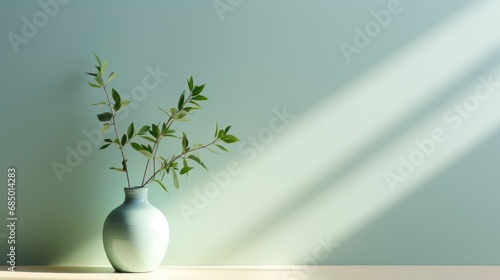 Minimalist abstract gentle light mint green background for product presentation with light and intricate shadows from the window and vegetation on the wall.