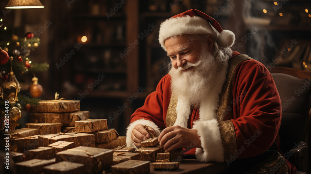 Santa Claus prepares gifts for children for Christmas