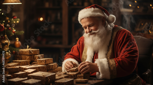 Santa Claus prepares gifts for children for Christmas