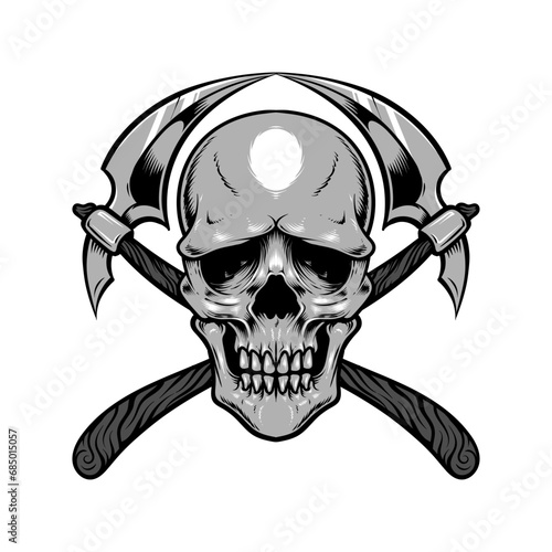 Skull with crossed scythe illustration and tshirt design