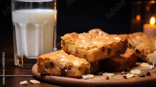National Blonde Brownie Day: Freshly baked blonde brownies on a cooling rack with a glass of milk on the side photo