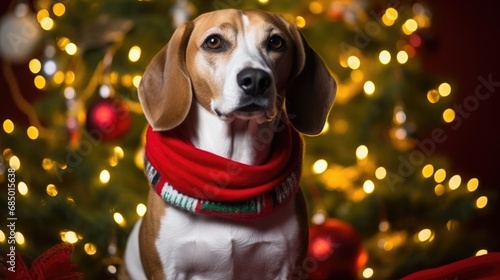 Beagle Christmas dog background. Happy New Year, Merry Christmas concept. Portrait of Cute Beagle puppy breed wearing Santa hat on festive decoration backdrop..