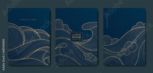 Vector set of luxury japanese pattern textures, wavy line design covers, sea, ocean graphic. Abstract golden posters, art deco flow cards