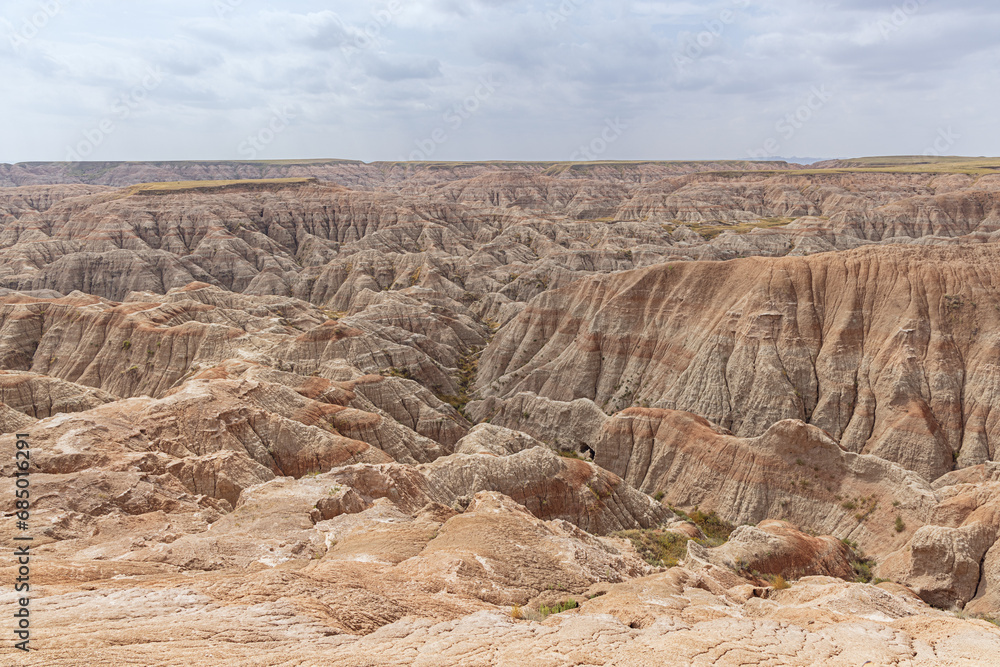 Colorful and eroded canyons at Burns Basin Overlook in the Badlands National Park