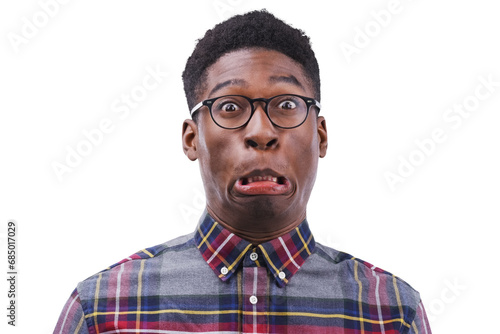 Oops, portrait and funny black man with comic expression on isolated, transparent or png background. Oh no, mistake and face of African model with fail, grimace or goofy personality or sorry reaction photo