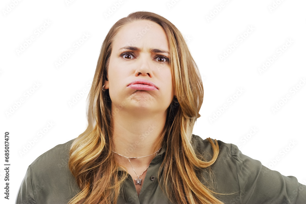 Surprise, portrait or angry woman frown on isolated, transparent or png background. Face, shock or frustrated model with bad mood, problem or mistake, expression or reaction to insult or conflict Surprise, portrait or angry woman frown on isolated, transparent or png background. Face, shock or frustrated model with bad mood, problem or mistake, expression or reaction to insult or conflict