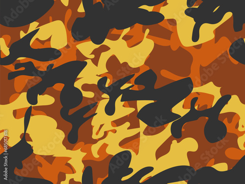 Military Vector Camoflage. Modern Orange Abstract Camouflage Black Camouflage Seamless Brush. Yellow Camo Paint. Yellow Fabric Pattern. Dirty Camo Print. Orange Repeat Texture. Abstract Army Grunge.