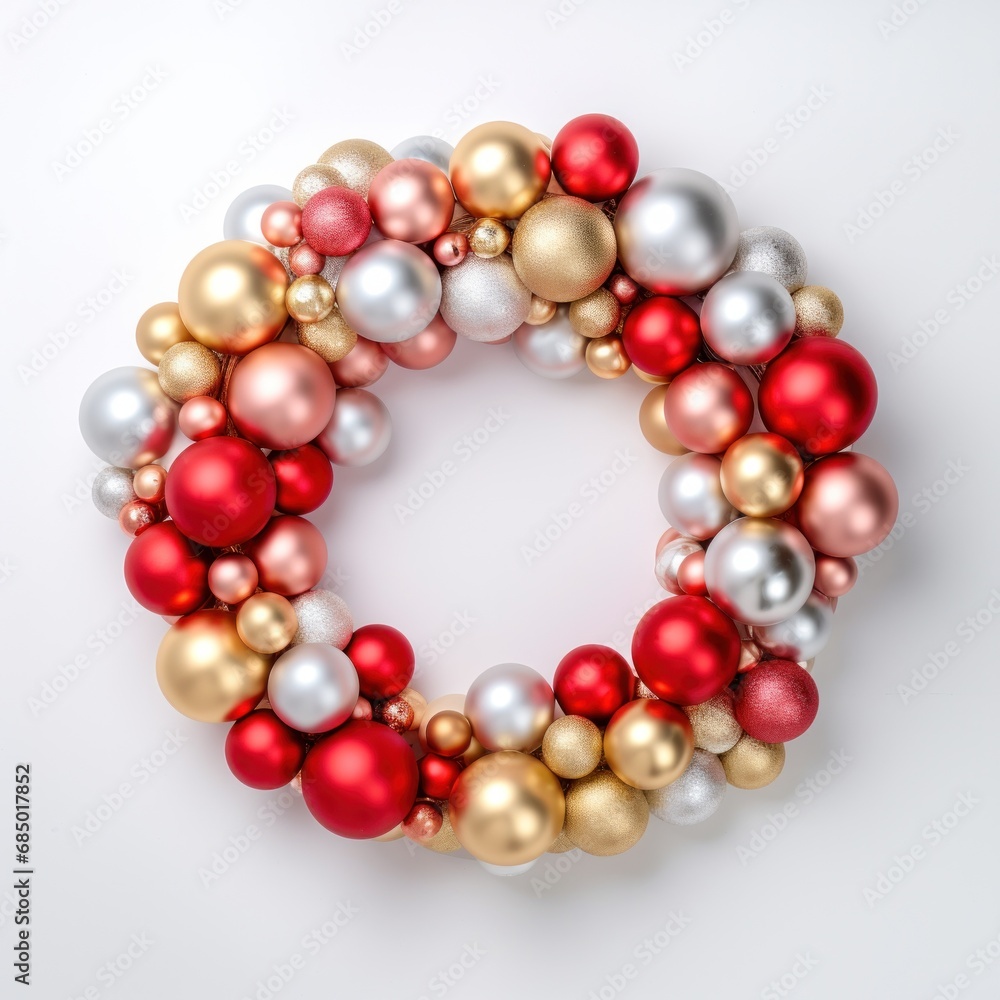 a red, gold and silver christmas wreath layered on top of a white surface a red, gold and silver christmas wreath layered on top of a white surface
