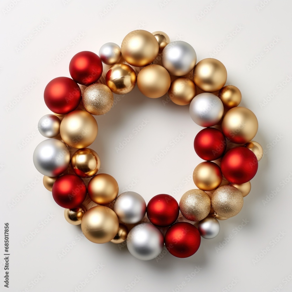 a red, gold and silver christmas wreath layered on top of a white surface a red, gold and silver christmas wreath layered on top of a white surface